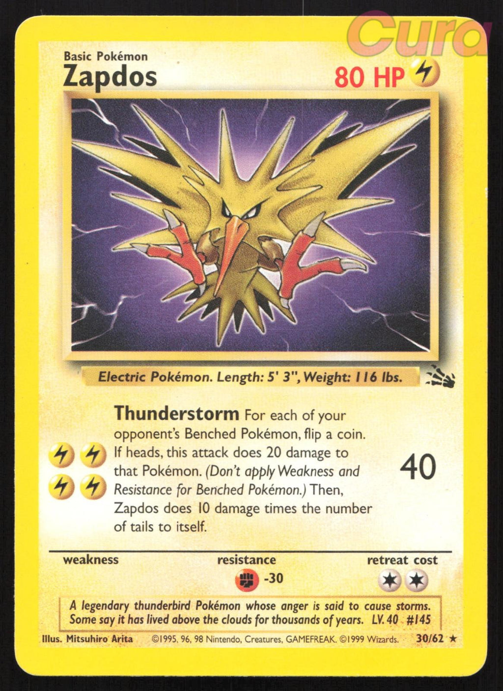 Indent Top Right 30/62 Zapdos Unlimited - Rare - Fossil DMG