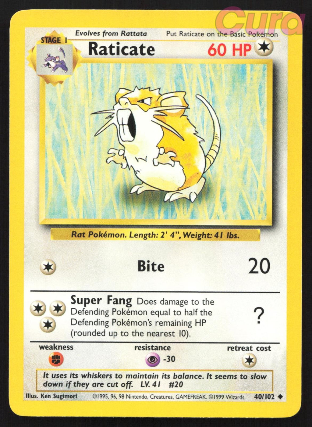 40/102 Raticate - Uncommon - Base Set Unlimited NM