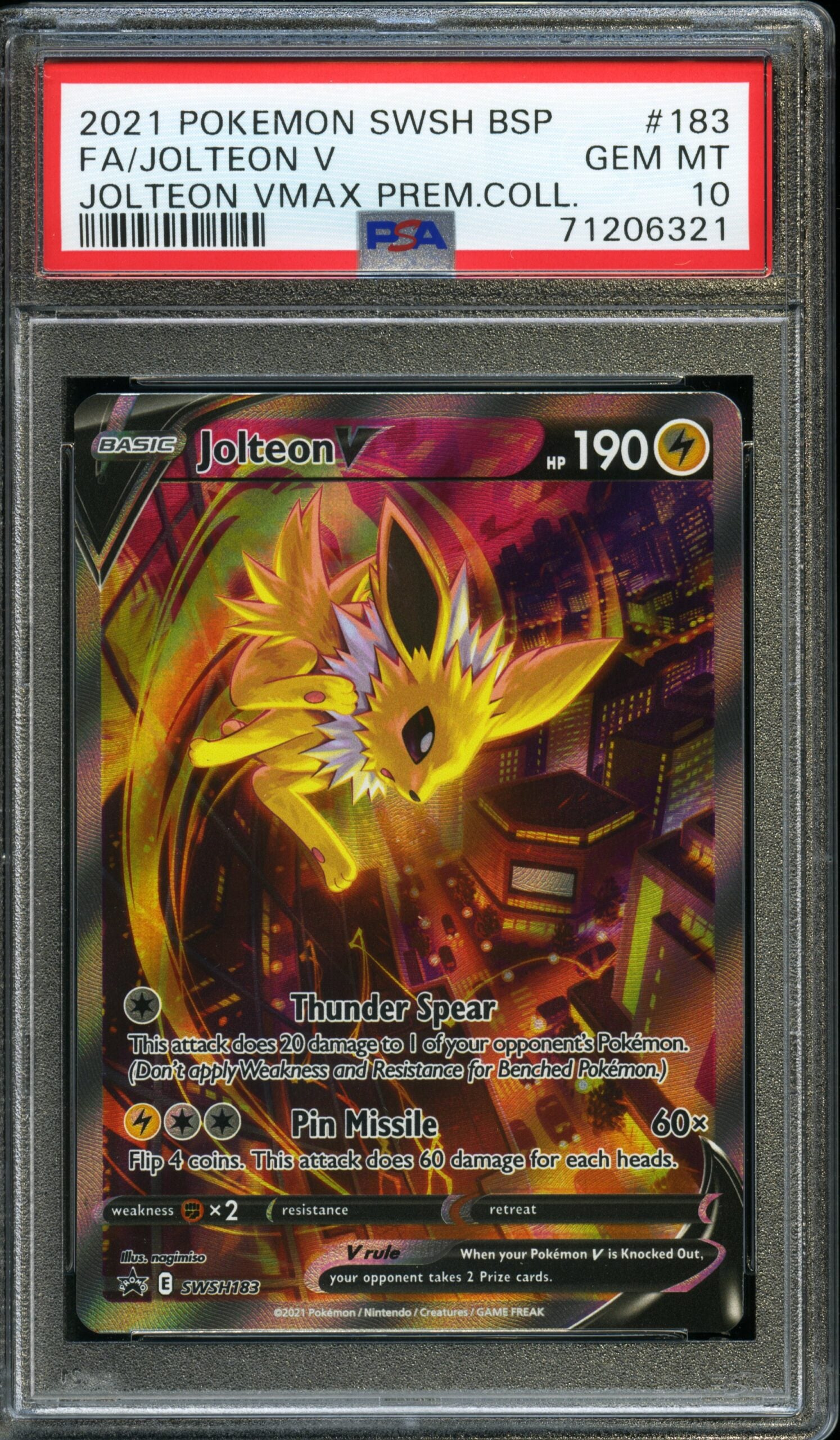 #183 FA/Jolteon V 2021 Pokemon SWSH BSP Jolteon VMAX Prem Coll PSA 10