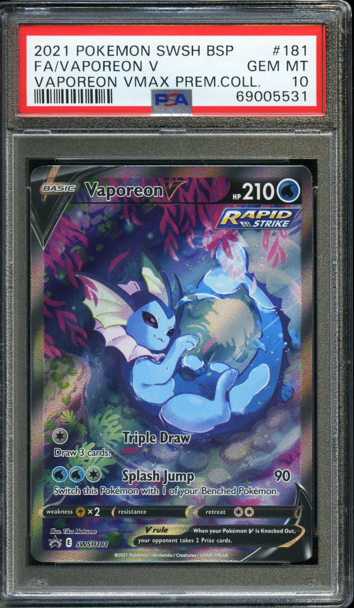 #181 FA/Vaporeon V 2021 Pokemon SWSH BSP Vaporeon VMAX Prem Coll PSA 10